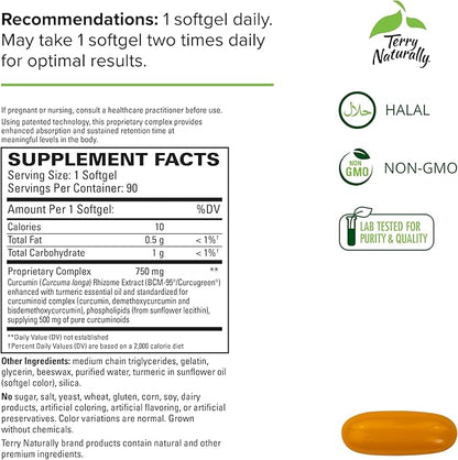 Terry Naturally CuraMed 750 mg Curcumin Complex | BCM-95 | Non-GMO, Gluten-Free (90 Softgels)