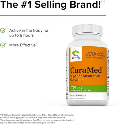 Terry Naturally CuraMed 750 mg Curcumin Complex | BCM-95 | Non-GMO, Gluten-Free (90 Softgels)