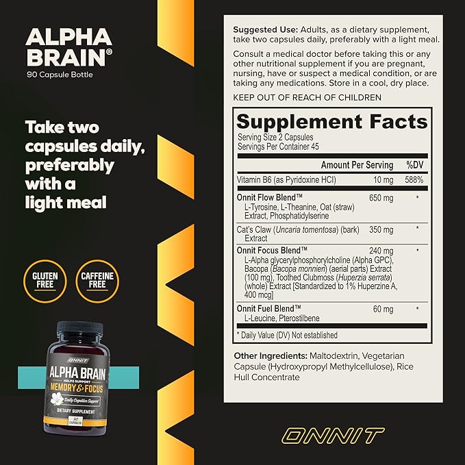 ONNIT Alpha Brain Nootropic Supplement | Memory & Focus Enhancement | Cognitive Support Capsules (90 Count)